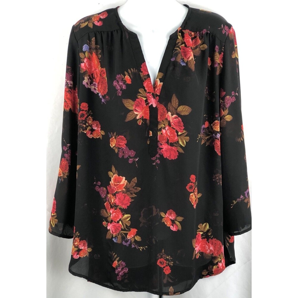 Flowy Top L Blk/Red Roses Roll Tab Sleeve  Plunge V-Neck Fairy Whimsigoth 90s